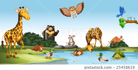 插图素材: wild animals living by the pond