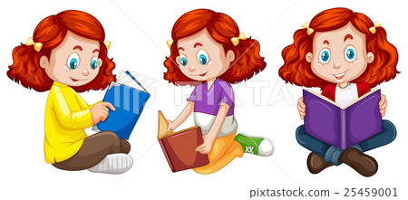 插图素材: three actions of girl reading book