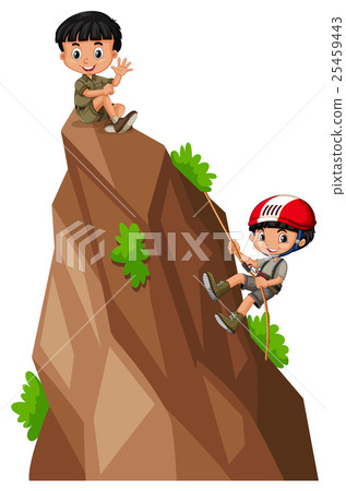 图库插图: two boys climbing up the mountain