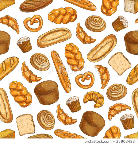 插图素材: bakery fresh baked bread seamless sketch pattern