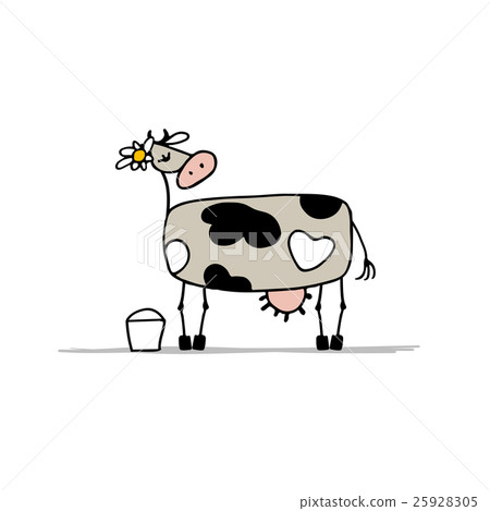 图库插图: cute cow with bucket of milk, sketch