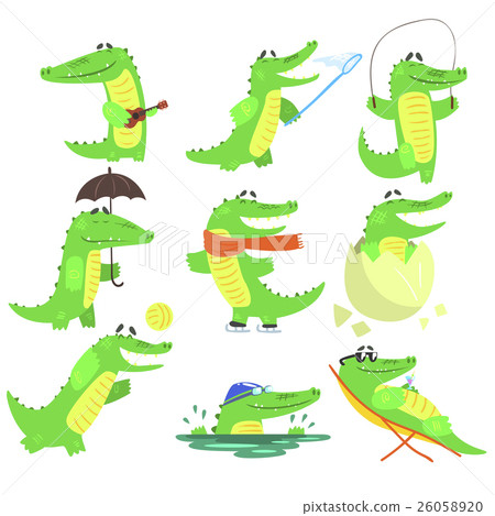 插图素材: humanized crocodile character every day activities