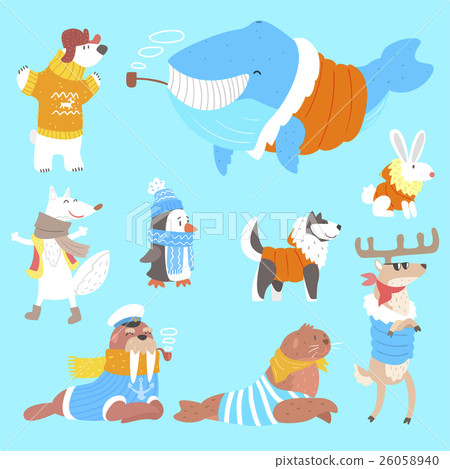 插图素材: arctic animals dressed in human clothes set of