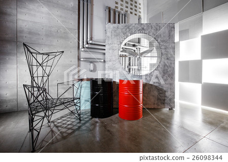 图库照片: concrete wall interior decor, rough metal chair