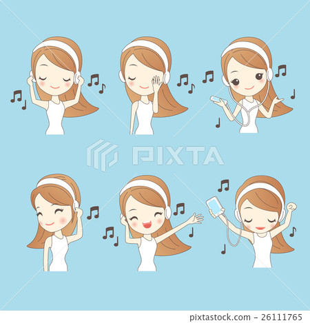 插图素材: cartoon young woman listen music