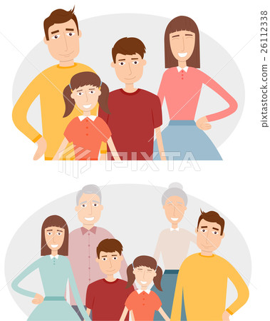 插图素材: big family with children, parents and grandparents