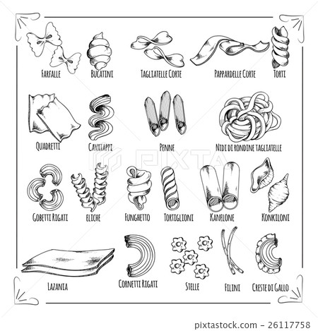 插图素材: pasta, spaghetti, macaroni isolated sketch icons