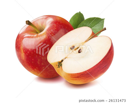 图库照片: red apple whole and half piece isolated on white