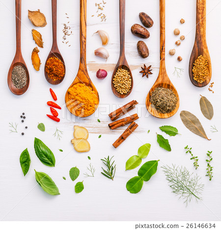 图库照片: various herbs and spices in wooden spoons.