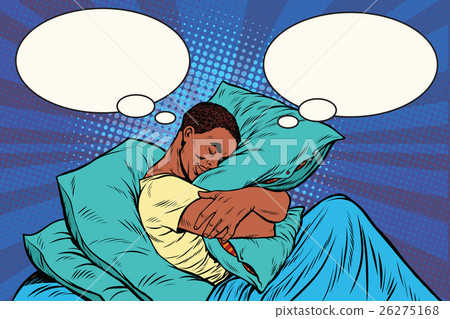 插图素材: dreamer man in bed hugging a pillow