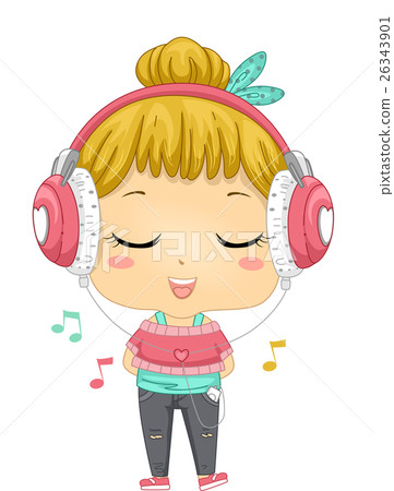 图库插图 kid girl listen music headphone