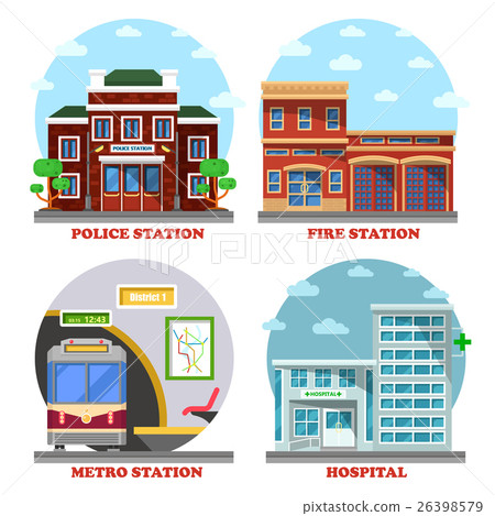 插图素材: fire station and hospital building, metro, police
