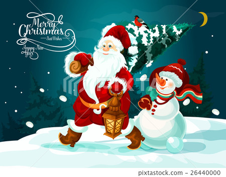 插图素材: santa and snowman with xmas tree and gifts card