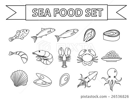 插图素材: sea food icons set vector. modern, line, doodle