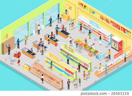 插图素材: supermarket interior in isometric projection. 3d