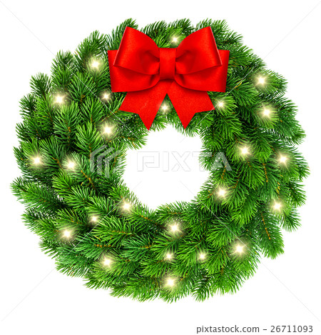 图库照片: christmas wreath with lights red ribbon bow deco