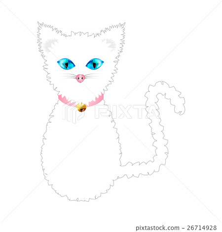 图库插图: white cat blue eyes golden ball bell pink collar.