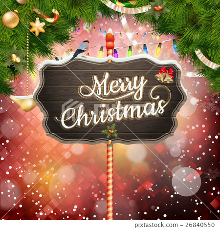 图库插图: wooden banner with christmas fir-tree branches.