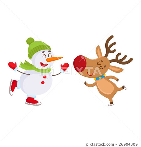 插图素材: dnowman in hat and mittens with christmas reindeer