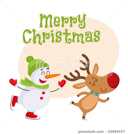 插图素材: dnowman in hat and mittens with christmas reindeer