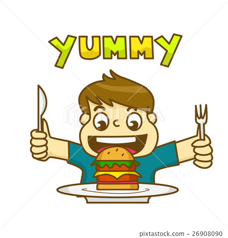 图库插图: little boy is happy to eat delicious hamburger