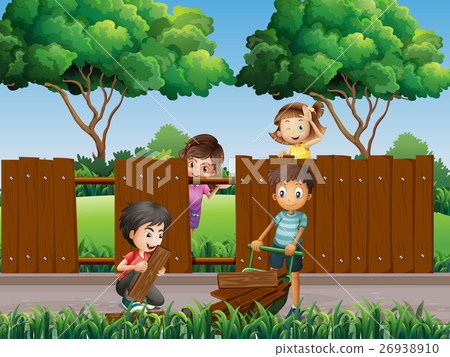 插图素材: children fixing fence in the park