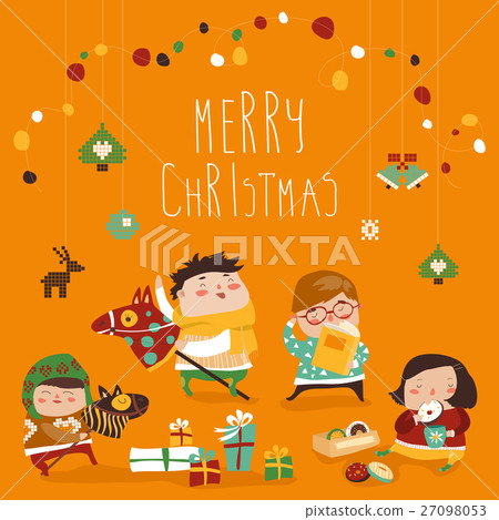 图库插图: card with cute kids, sweets and christmas presents