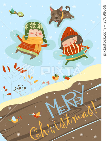 插图素材: happy boy and girl making a snow angel