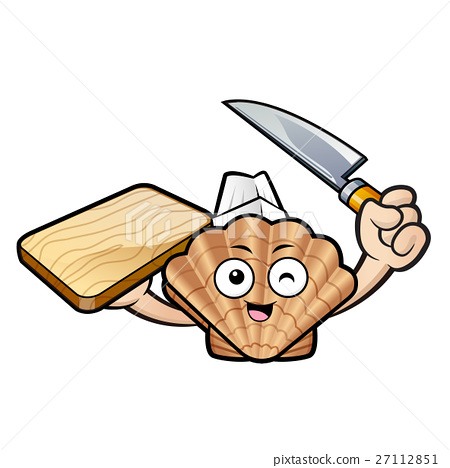 插图素材: scallop mascot holding a knife and cutting board