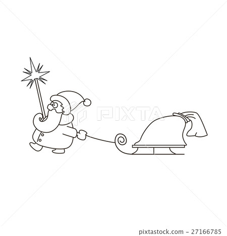 插图素材: vector illustration linear santa claus with sled