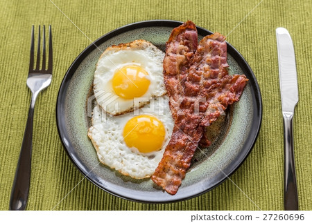 图库照片: portion of fried eggs with bacon