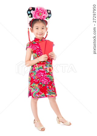 smile asian girl holding red envelope