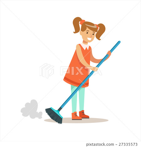 图库插图: grl cleanning floor off dust smiling cartoon kid