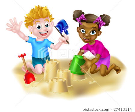 插图素材: cartoon kids making sandcastles