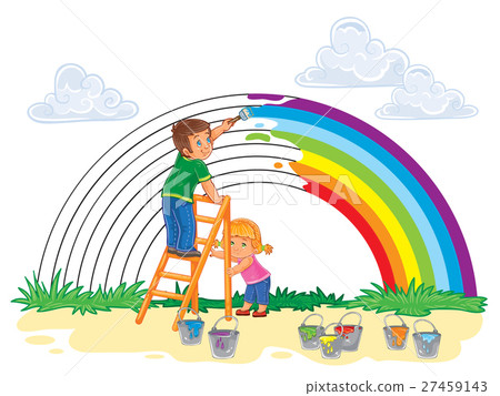 paintapicture,pictureperfect 插图素材: carefree young children paint a rainbow of colors
