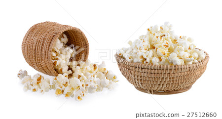 图库照片: popcorn in basket isolated on white background