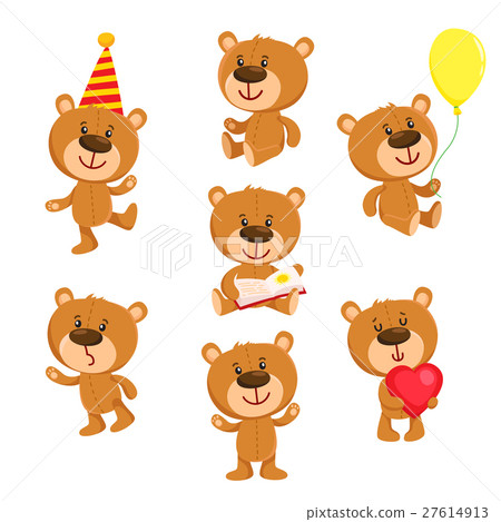 插图素材: set of cute teddy bear character standing, sitting