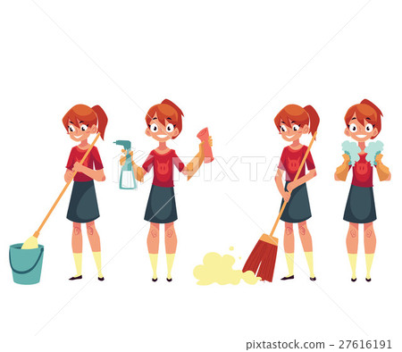 图库插图: teenage girl cleaning the house, doing chores