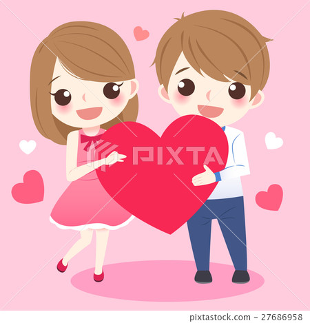 插图素材: cute cartoon couple take heart