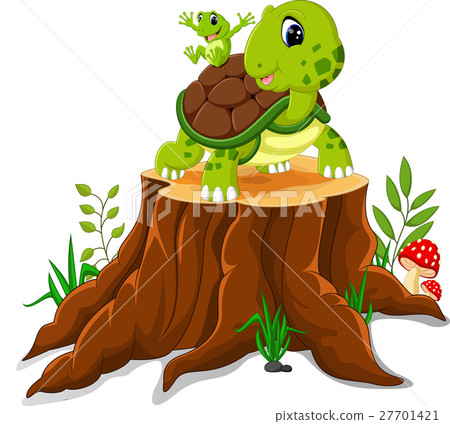 图库插图: cartoon turtle and frog posing on tree stump