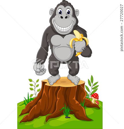 图库插图: gorilla cartoon standing on tree stump