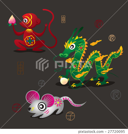 插图素材: 3 chinese zodiac mascots: monkey, dragon and rat 查看