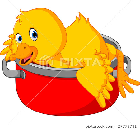 插图素材: cartoon funny duck being cooked in a pan