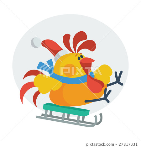 插图素材: rooster bird skate on sledge. cock in santa s hat