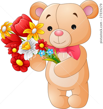 插图素材: cute little bear holding a bouquet