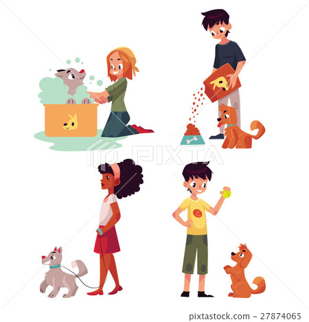 插图素材: happy kids feeding, washing, walking a dog 查看全部