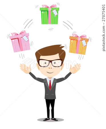 插图素材: happy man juggling gift box with bow