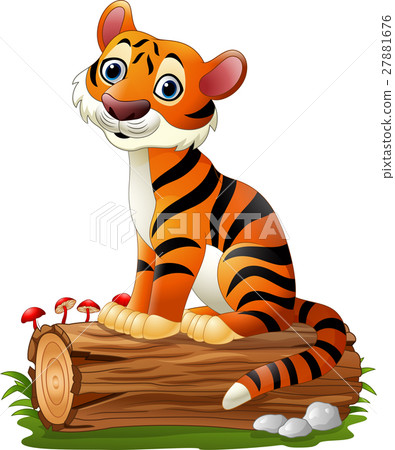 图库插图: cartoon tiger sitting on tree log