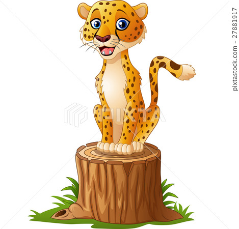 插图素材: cartoon cheetah sitting on the tree stump