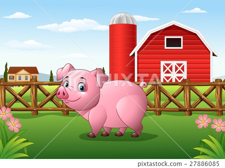 图库插图: cartoon pig in the farm background